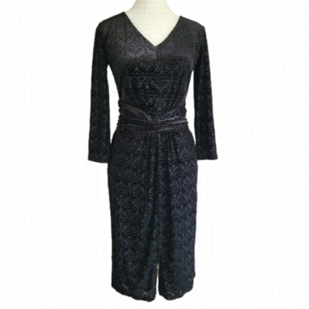 TALBOTS XS Black Velvet Brocade Vneck Faux Wrap Waist Dress whimsygoth